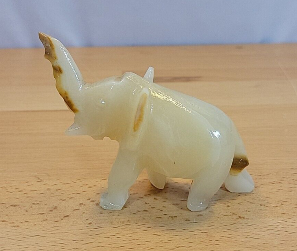 Onyx Stone Hand Carved Vintage Elephant Marble Figurine White Trunk Up 3.5” x 4”